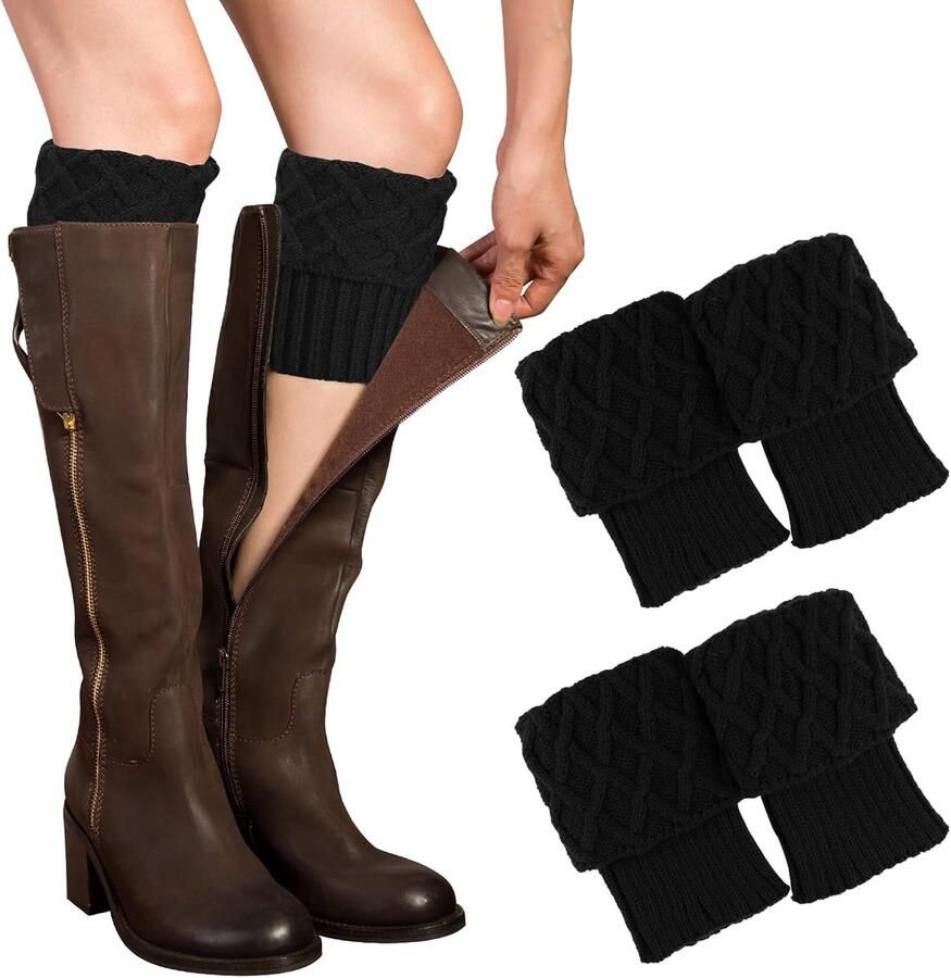 Support@example.com 2 Pairs Warm Winter Boots Cuffs Crochet Knit Boot Socks Black and Beige Short Leg Warmers Boot Topper Socks Leg Cuffs Boat Warmers Gift for Girls Damesmode