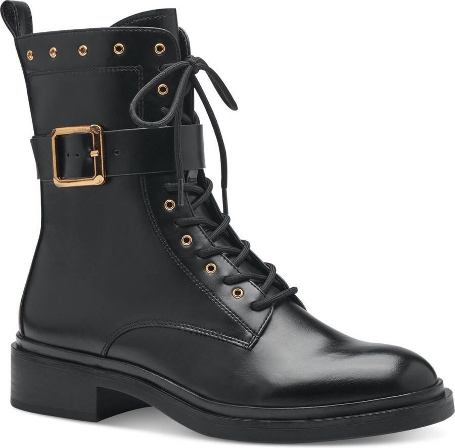 Tamaris Zwarte leren veterschoenen met gouden details Black Dames