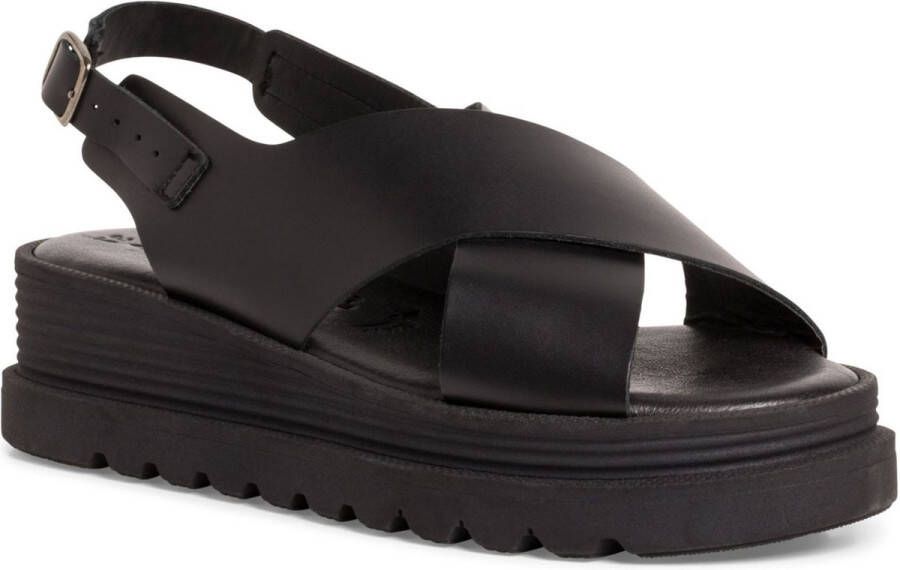 Tamaris Zwarte Leren Platte Sandalen Black Dames