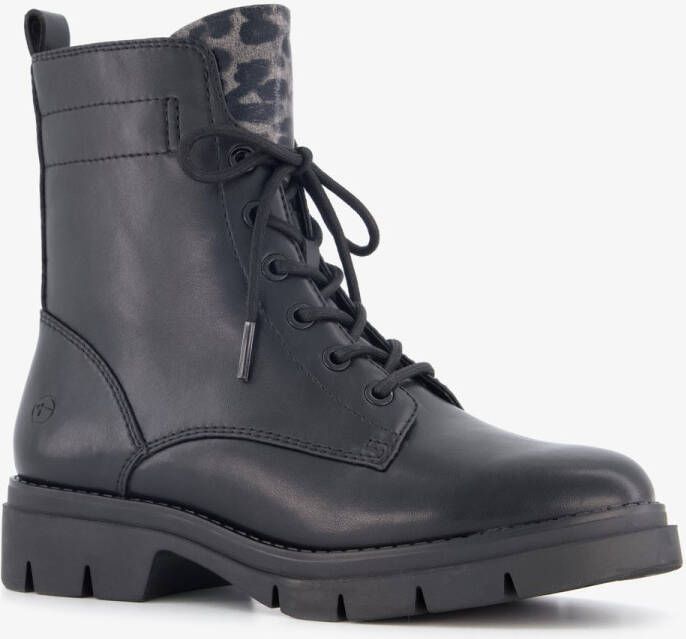 Tamaris dames veterboots met luipaardprint zwart