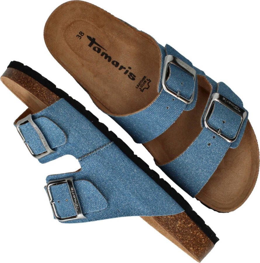 Tamaris Glitter Blauwe Slipper met Leren Voetbed Blue Dames