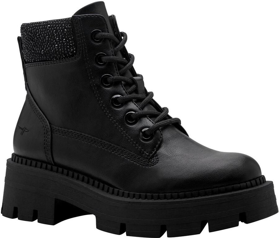 Tamaris Veterschoenen blokhak veterenkellaars bezet met glanzende strassstenen