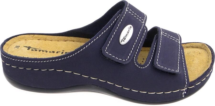 Tamaris dames klompjes met plateau navy leer