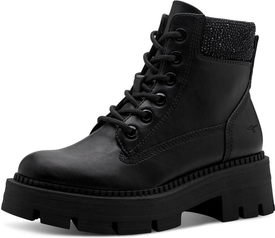 Tamaris Veterschoenen blokhak veterenkellaars bezet met glanzende strassstenen