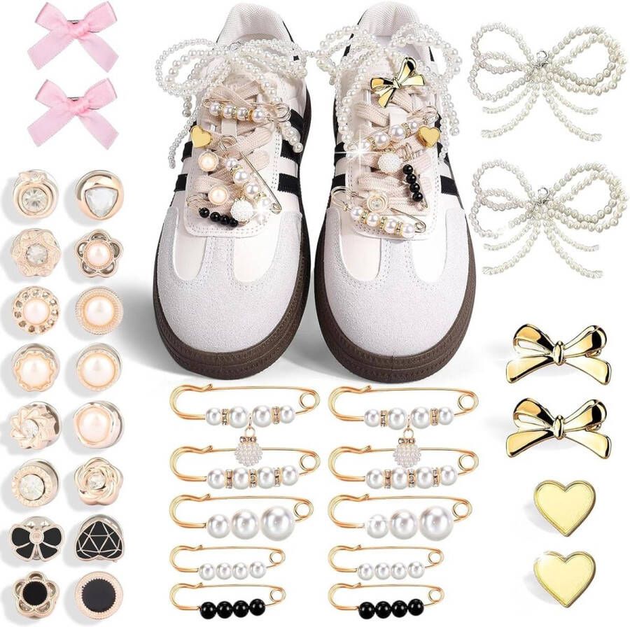 TheLau 50 stuks sierlijke schoenhangers met strikken clips en reversspelden. Ideaal als schoenaccessoires voor sneakers en sportschoenen. Set van 50 stuks