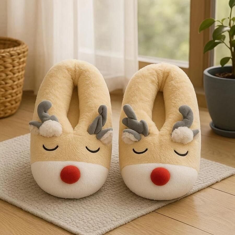 Themakleding.Nu Kerst Sloffen Rendier Zacht Dames Beige