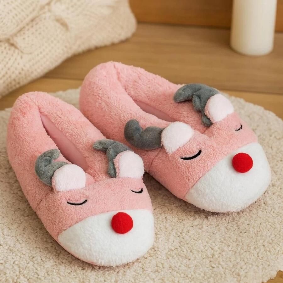 Themakleding.Nu Kerst Sloffen Rendier Zacht Dames roze