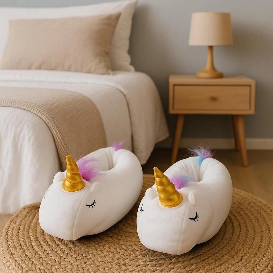 Themakleding.Nu Kerst Sloffen Unicorn Eenhoorn Zacht Dames Wit met gouden hoorn