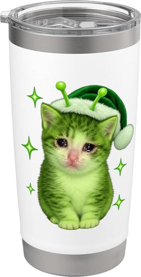 Thermobeker met alien kat kerstman meme droevig ruimte humor