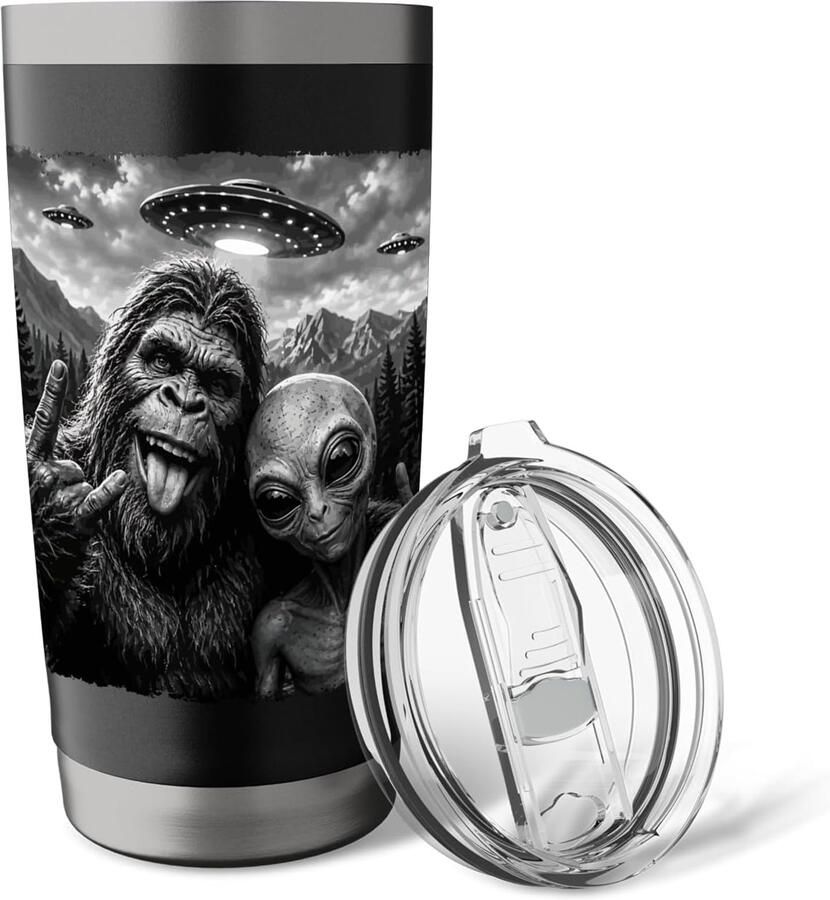 Thermobeker met Bigfoot buitenaards wezen en vredesteken