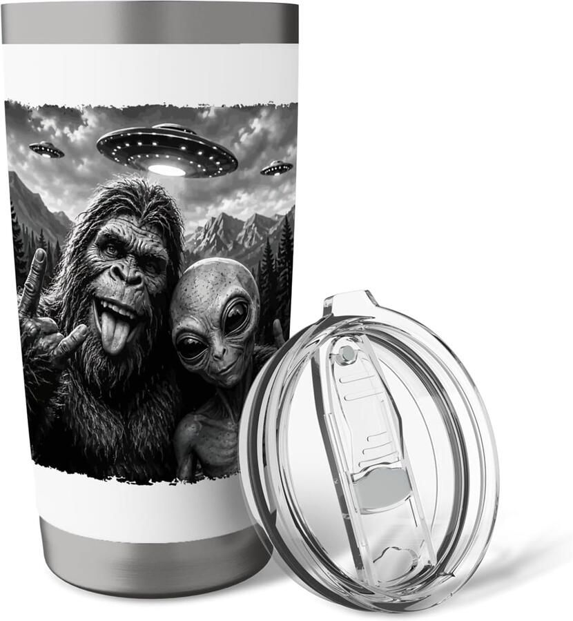 Thermobeker met Bigfoot buitenaards wezen en vredesteken