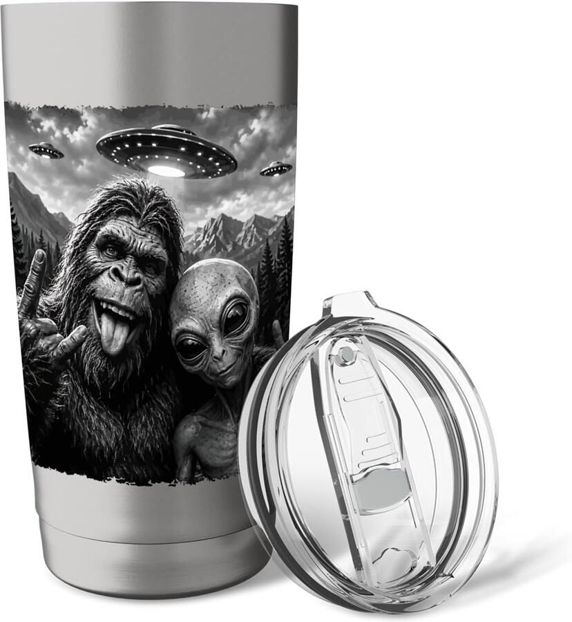 Thermobeker met Bigfoot en vredesteken