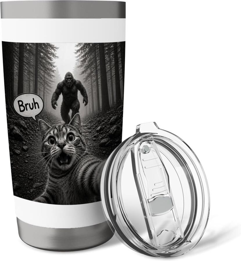 Thermobeker met Bigfoot schrikachtige kat en meme