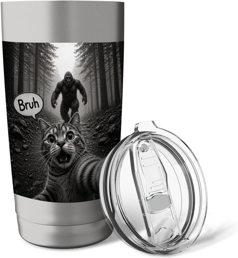 Thermobeker met Bigfoot schrikachtige kat en meme