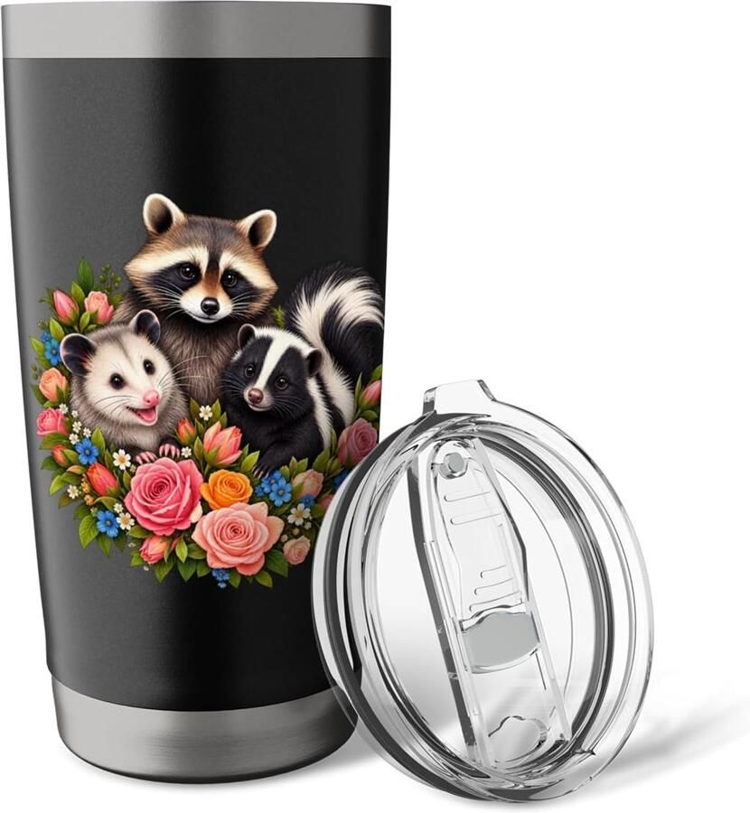 Thermobeker met bloemen eekhoorn wasbeer en stinkdier