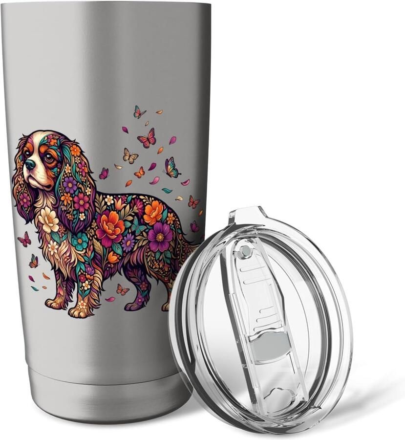 Thermobeker met bloemen vlinders en Cavalier King Charles Spaniels
