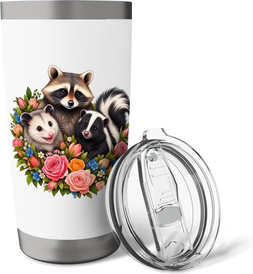 Thermobeker met bloemen vos wasbeer en stinkdier