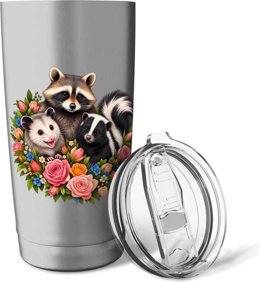 Thermobeker met bloemen vos wasbeer en stinkdier