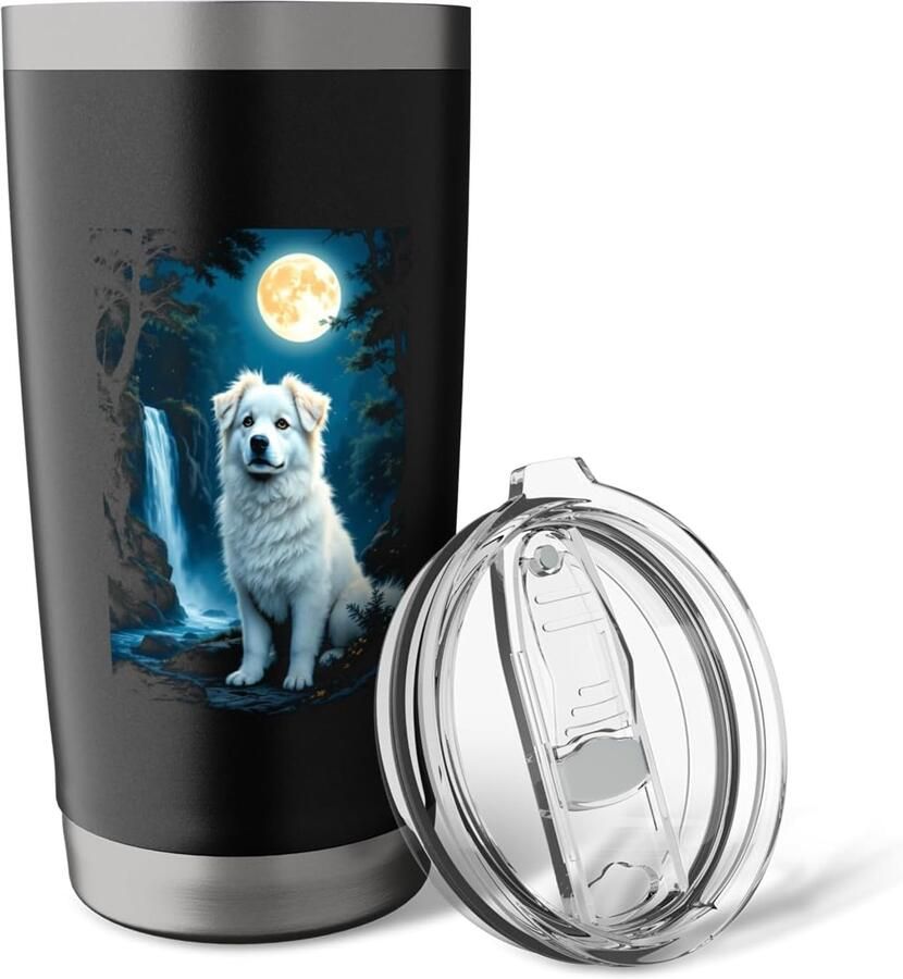 Thermobeker met dubbele wand witte hond onder volle maan