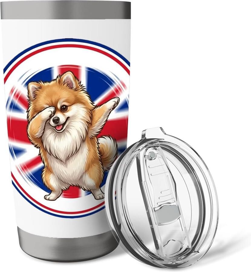 Thermobeker met Engelse vlag en dansende hond