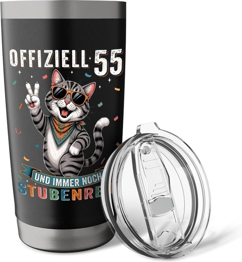 Thermobeker met grappige katenslogan 55e verjaardag