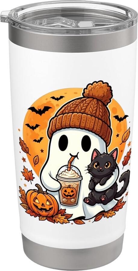 Thermobeker met Halloween-spook zwarte kat en pompoen