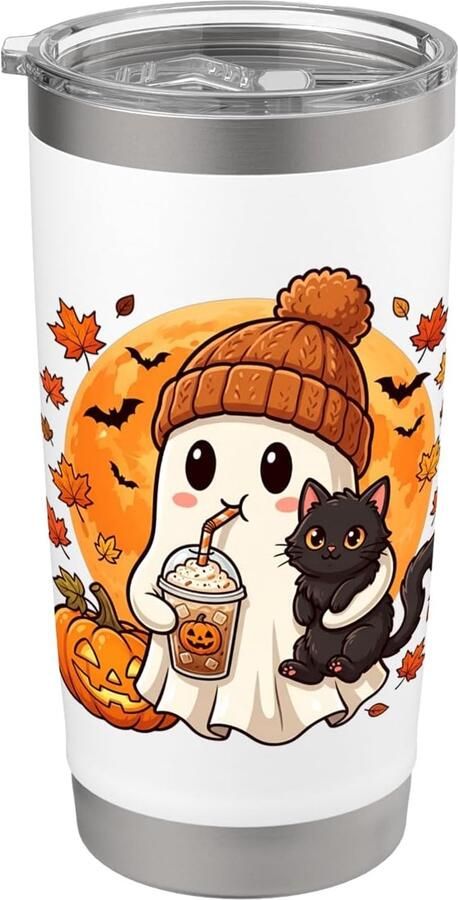 Thermobeker met Halloween-spook zwarte kat en pompoen
