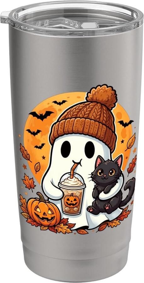 Thermobeker met Halloween-spook zwarte kat en pompoen