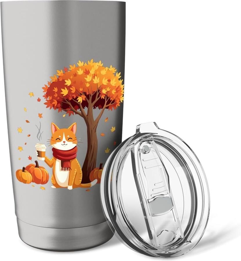 Thermobeker met kat en herfstbladeren