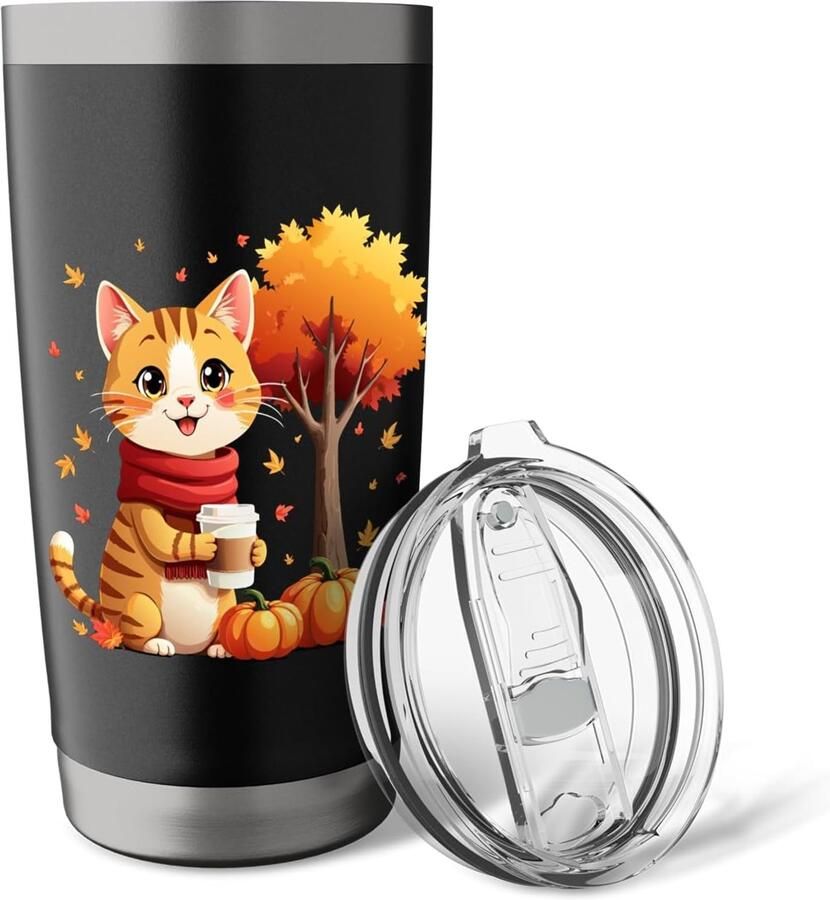 Thermobeker met kat en herfstbladeren