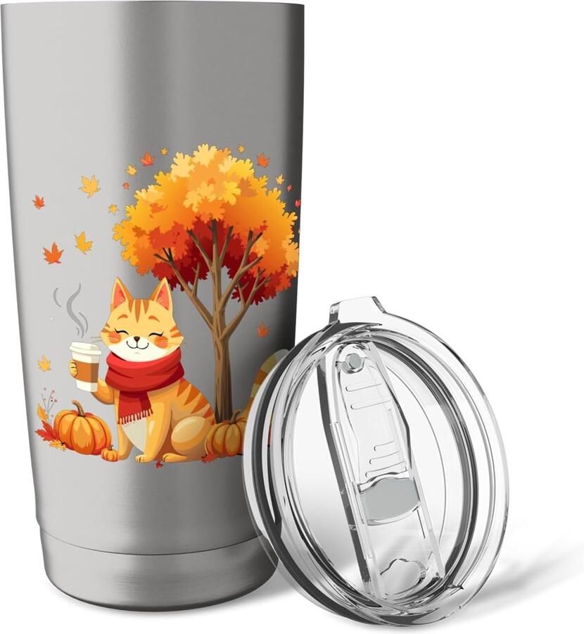 Thermobeker met kat en herfstbladeren