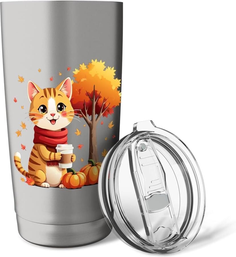 Thermobeker met kat en herfstbladeren