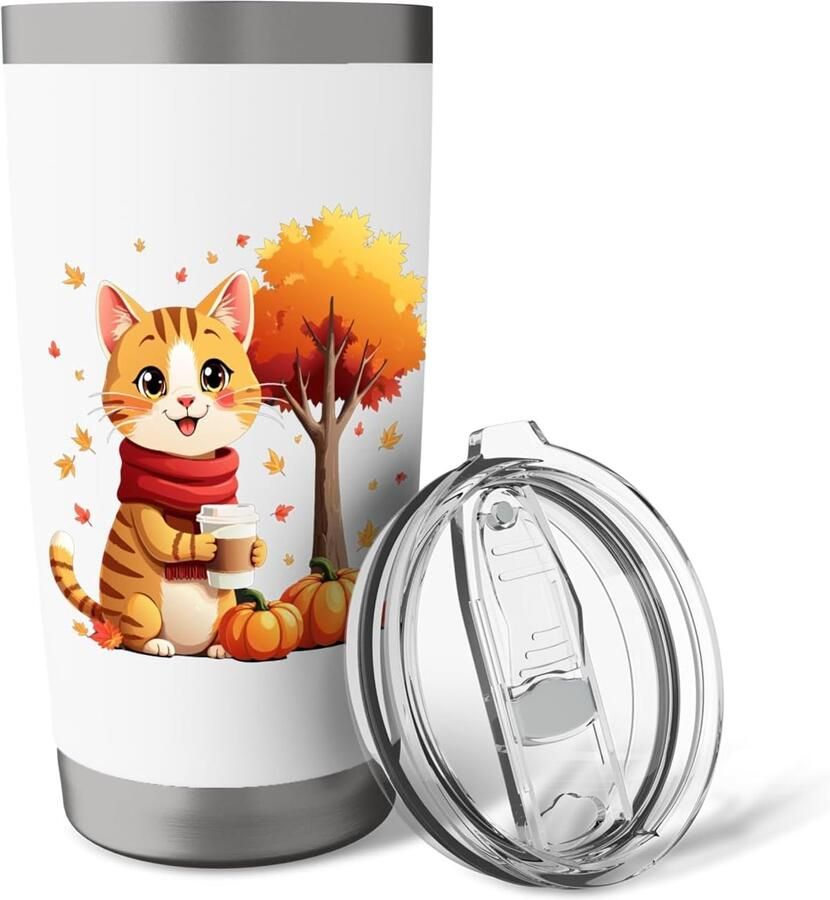 Thermobeker met kat en herfstbladeren