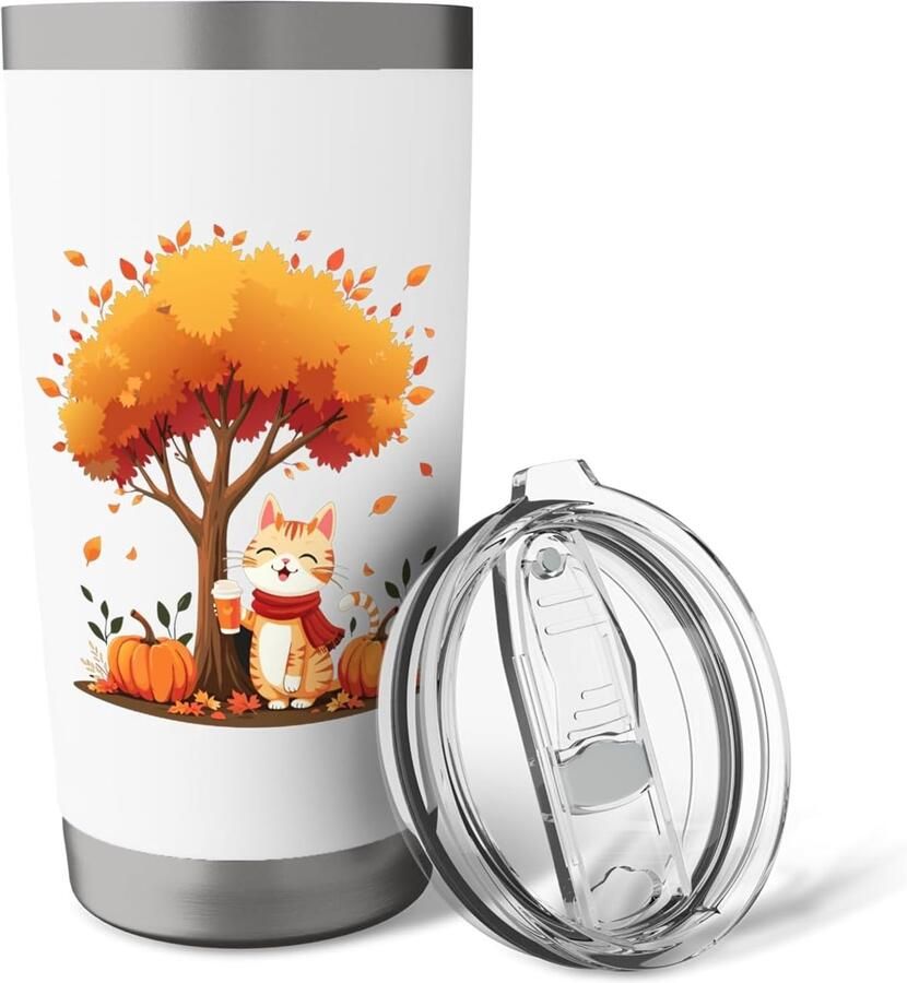Thermobeker met kat en herfstbladeren