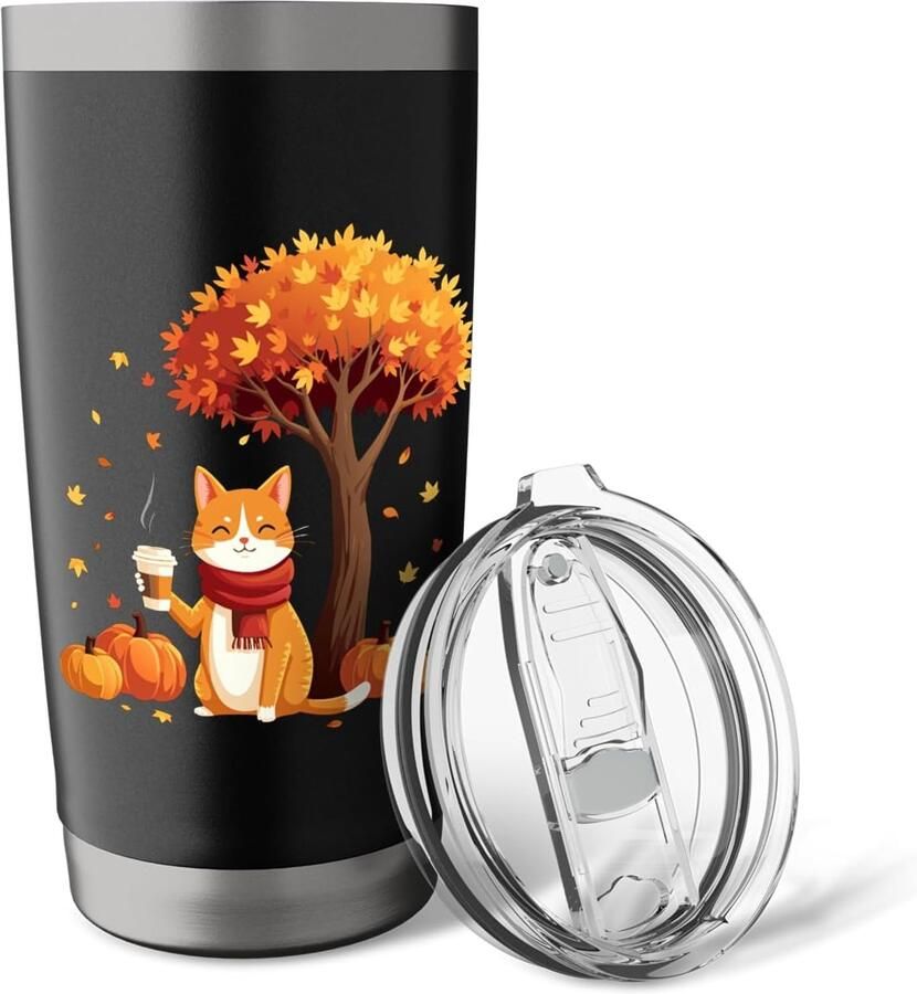 Thermobeker met kat en herfstbladeren