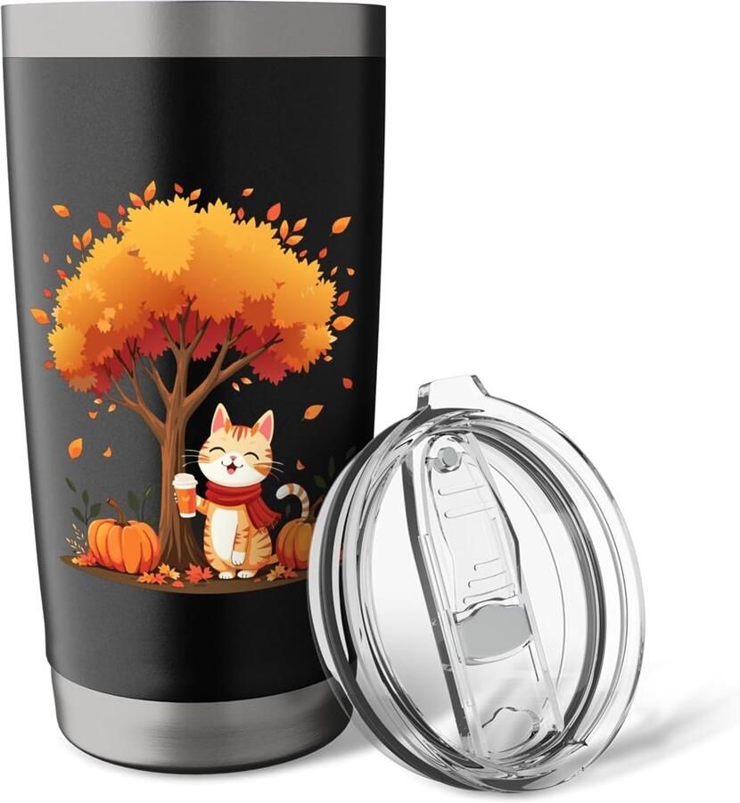 Thermobeker met kat en herfstbladeren