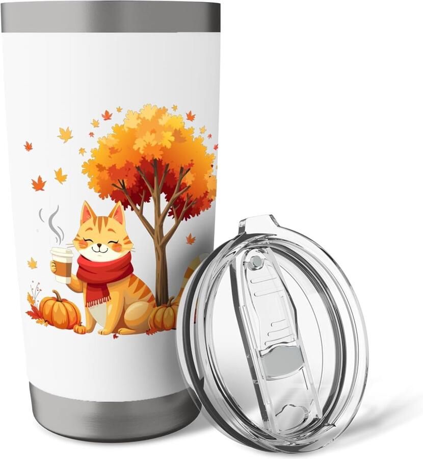 Thermobeker met kat en herfstbladeren