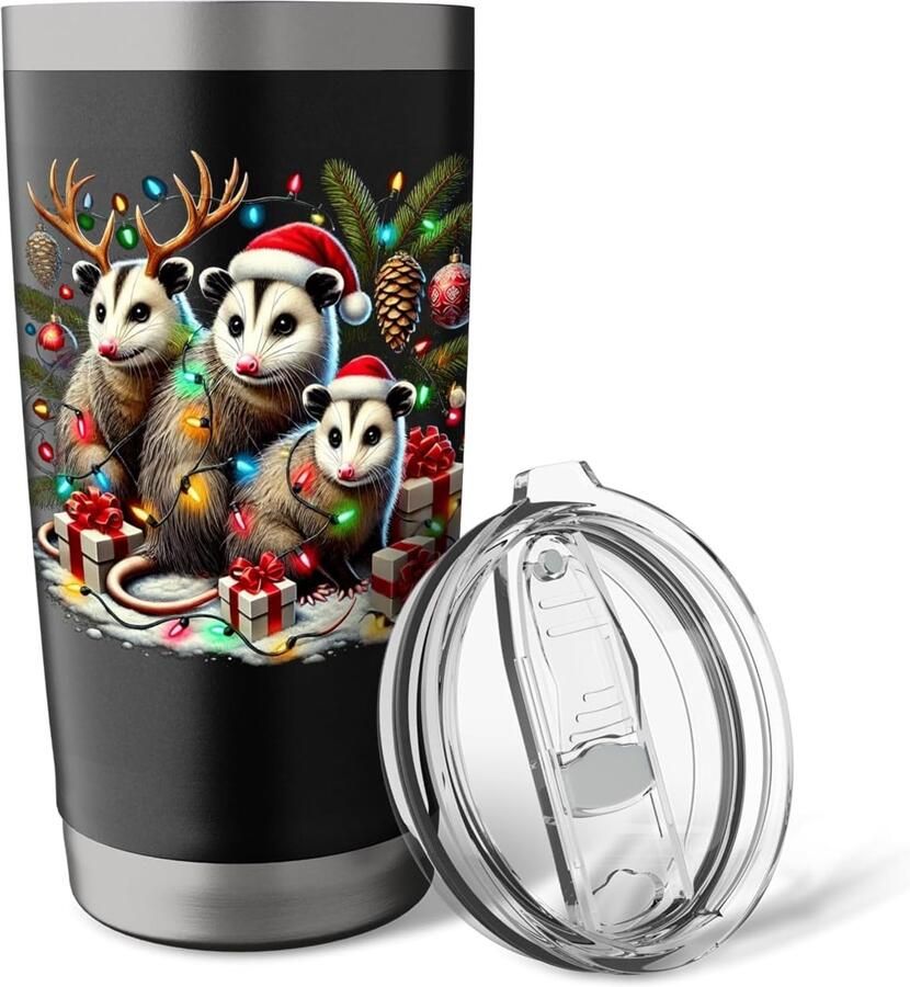 Thermobeker met opossum in kerstverlichting