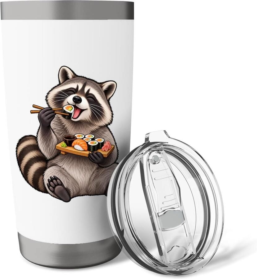 Thermobeker met racoon die sushi eet