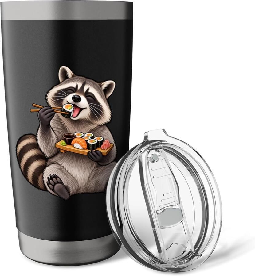 Thermobeker met racoon die sushi eet