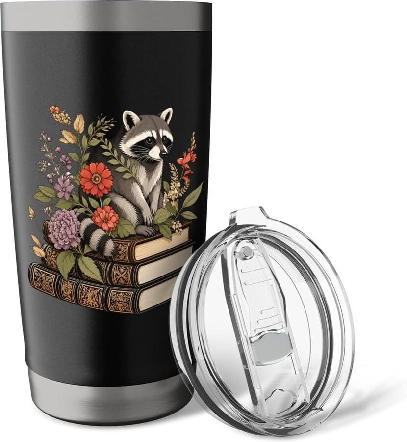 Thermobeker met racoon en bloemen