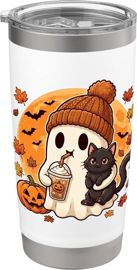 Thermobeker met Spook Pompoen Zwarte Kat en Koffie
