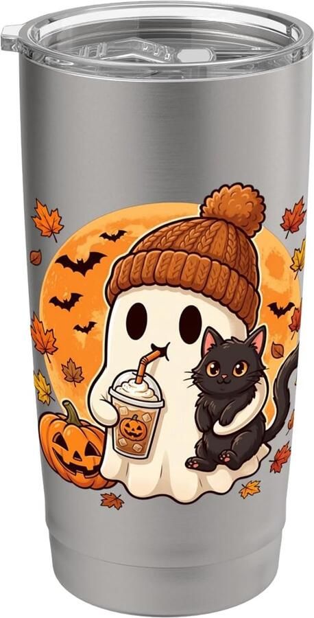 Thermobeker met Spook Pompoen Zwarte Kat en Koffie