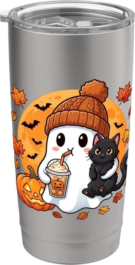 Thermobeker met Spook Pompoen Zwarte Kat en Koffie