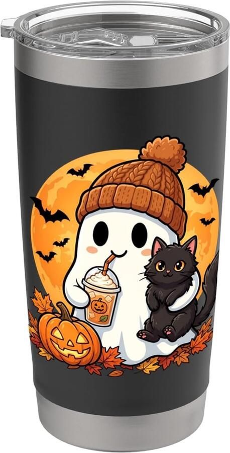 Thermobeker met Spook Pompoen Zwarte Kat en Koffie