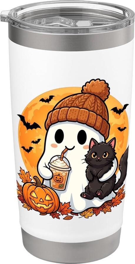 Thermobeker met Spook Pompoen Zwarte Kat en Koffie