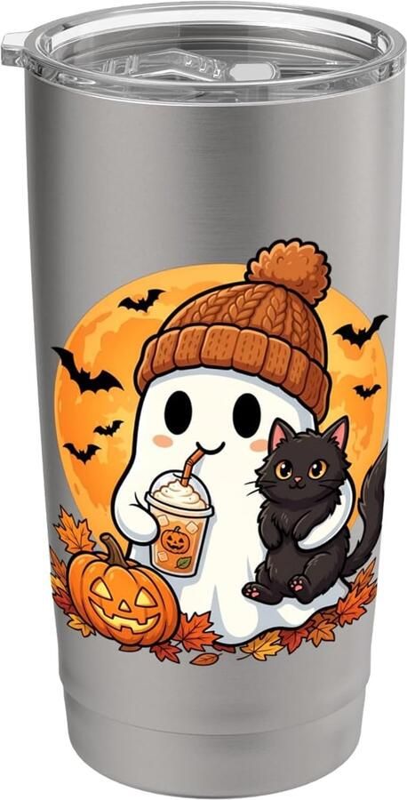 Thermobeker met Spook Pompoen Zwarte Kat en Koffie