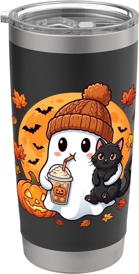 Thermobeker met Spook Pompoen Zwarte Kat en Koffie