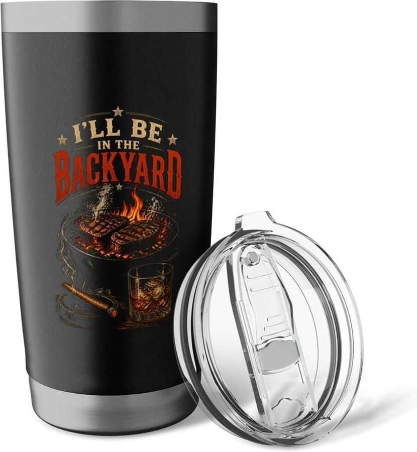 Thermobeker met tekst I'LL BE IN THE BACKYARD
