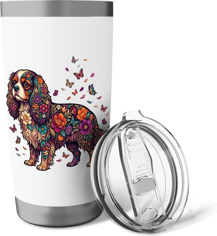 Thermobeker met vlinders bloemen en Cavalier King Charles Spaniels